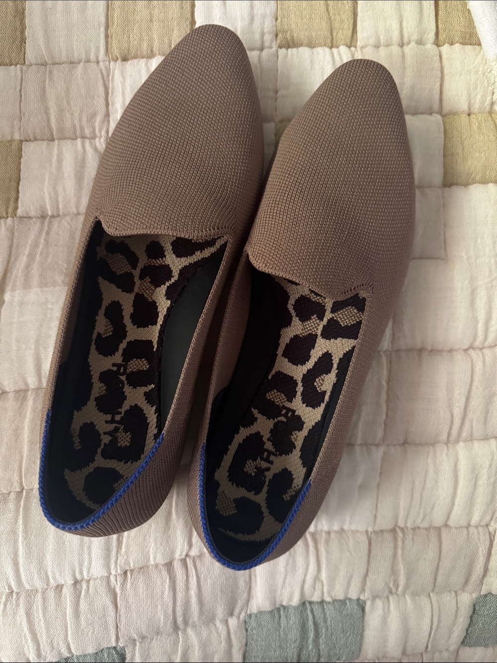 Rothy's Taupe Knit Slip-Ons with Leopard Insole and Blue Trim